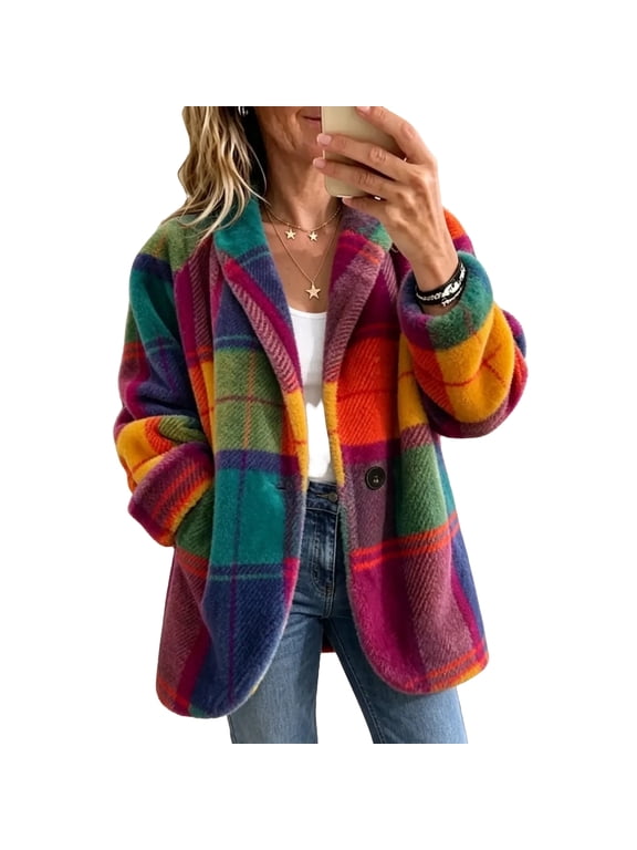 Women's Lapel Plaid Fleece Jacket Fall Winter Single Button Loose Warm Sherpa Lined Coat with Pockets Red L