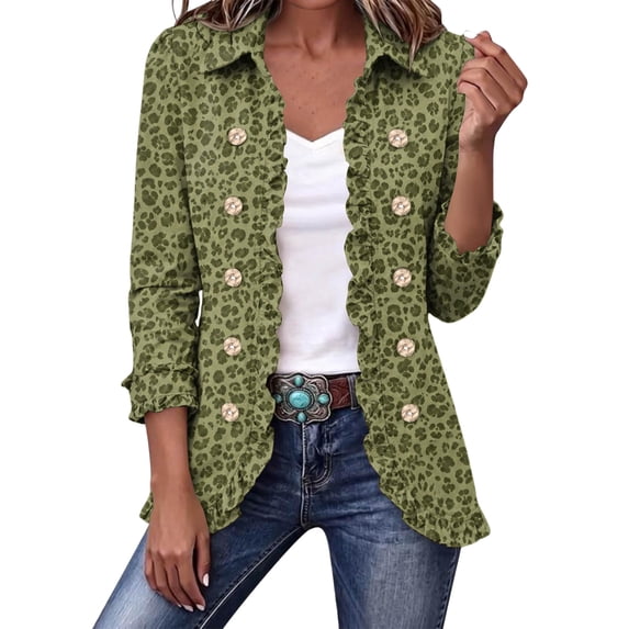 Resivox Women's Leopard Print Lapel Jacket Ruffle Trim Double Breasted ...