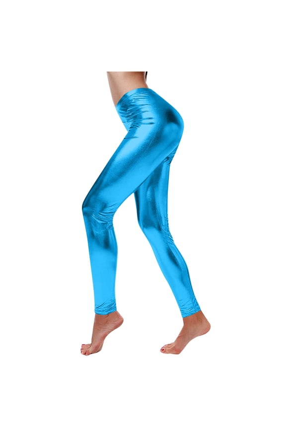 Women's Shiny Faux Leather Yoga Leggings - High Waisted Dance Trousers with Elastic Fit, Nine-Point Length & Sleek Finish for Fashionable Workouts, Dance Sessions & Night Out Looks Blue 2XL