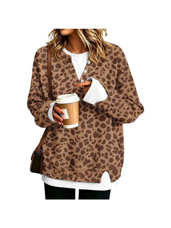 Womens Leopard Print Fake Two Piece Long Sleeve Tops Notch Neck Button Decor Casual Pullover Sweatshirt Layered Rib Cuff Irregular Hem Tunic Blouse Khaki L