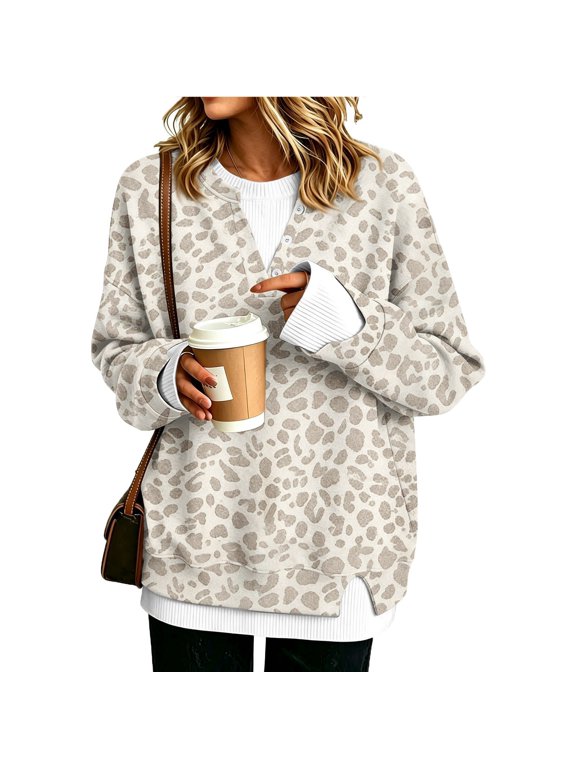 Womens Leopard Print Fake Two Piece Long Sleeve Tops Notch Neck Button Decor Casual Pullover Sweatshirt Layered Rib Cuff Irregular Hem Tunic Blouse Beige M