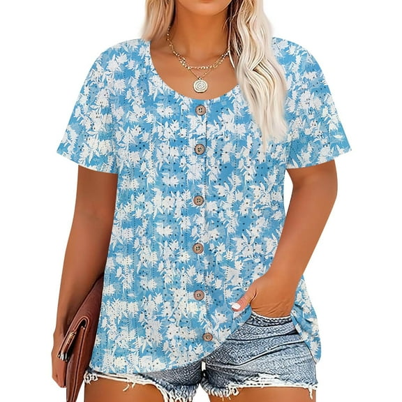 Resivox Womens Plus Size Tops 4x-5x Summer Short Sleeve Button up Blouses Floral Henley Tshirt Crew Neck Henley T Shirts Dressy Casual Outfits for Women Sky Blue 2XL