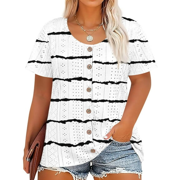 Resivox Womens Plus Size Tops Summer 4x Plus Tops Crew Neck Short Sleeve Button up Tees Dressy Casual Striped Henley Tshirt 5x Women Plus Size Clothing White 4XL