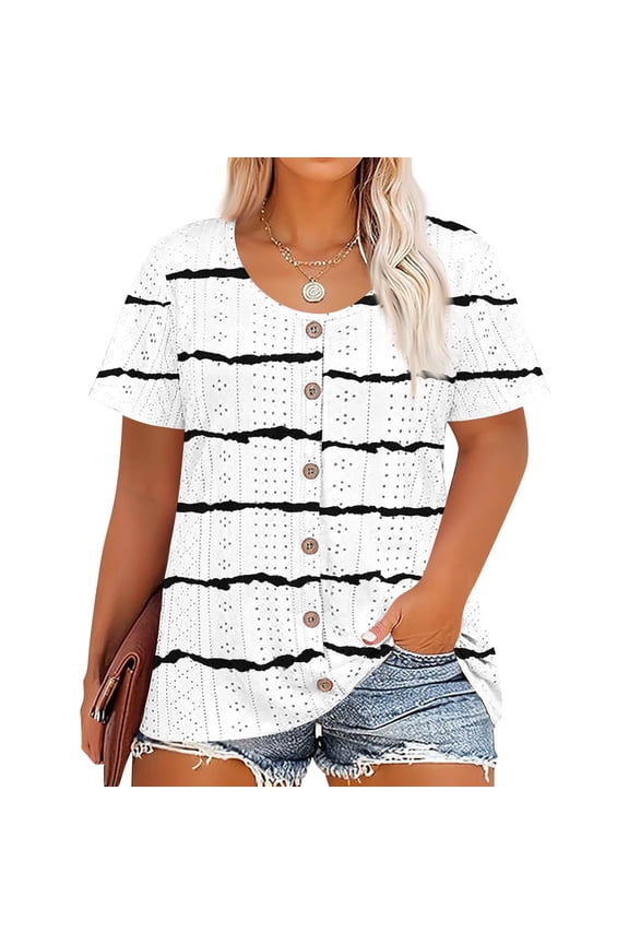 Womens Plus Size Tops Summer 4x Plus Tops Crew Neck Short Sleeve Button up Tees Dressy Casual Striped Henley Tshirt 5x Women Plus Size Clothing White 4XL