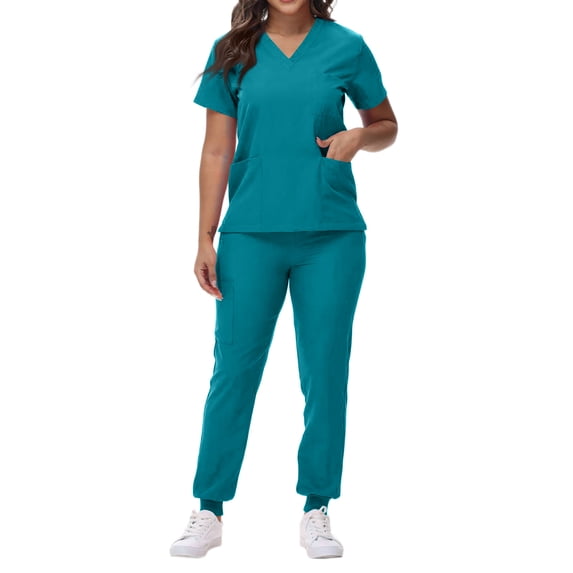 Resivox Womens Scrubs Plus Size Medical Scrub Sets Stretchy V-Neck Scrub Pants and Tops Scrub Sets Nursing Top with Pockets Blue 2XL
