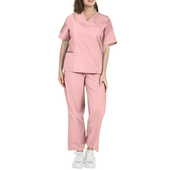 Resivox Womens Scrubs Plus Size Medical Scrub Sets Stretchy V-Neck Yoga Scrub Pants and Tops Scrub Joggers Nurse Uniforms with Pockets Pink L