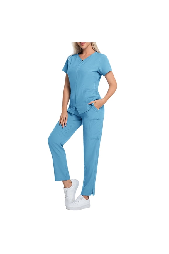 Womens Scrubs Plus Size Medical Uniforms Stretchy V Neck Scrub Pants and Tops Nursing Scrubs Jogger Scrubs with Pockets Light Blue L