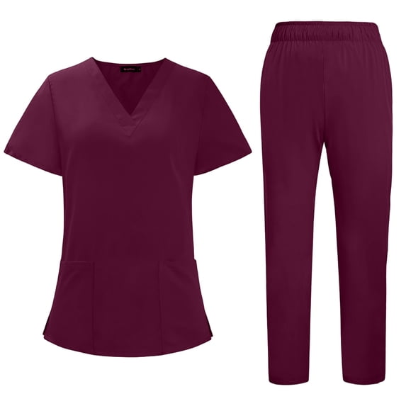 Resivox Womens Scrubs Plus Size Nursing Scrubs Stretchy V-Neck Scrub Pants and Tops Scrub Set Medical Scrubs with Pockets Wine S