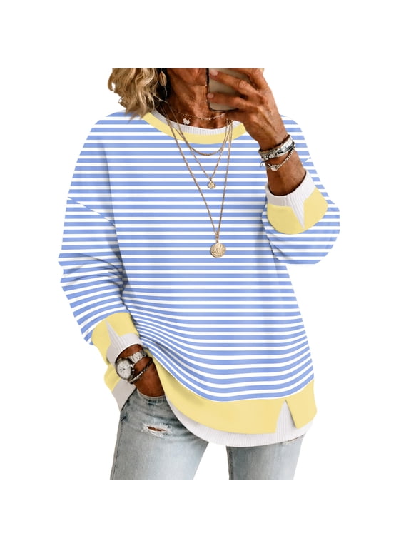 Womens Striped Color Block Long Sleeve Sweatshirt Crew Neck Fake Two Piece Casual Loose Fit Pullover Tunic Tops Light Blue 2XL