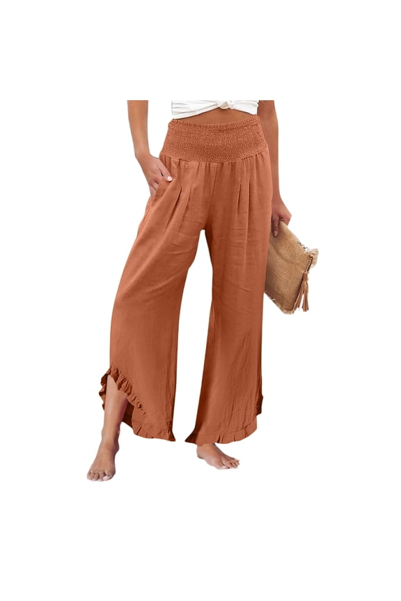 Resivox Womens Summer Wide Leg Flowy Pants High Waisted Pleated Casual Loose Trousers Pull On Flare Leg Pants with Pockets Ginger 2XL