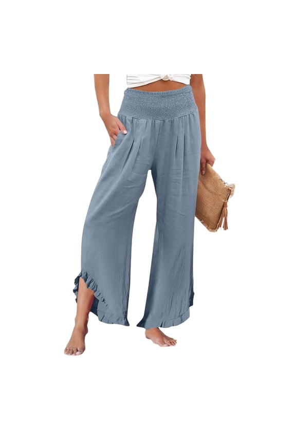 Resivox Womens Summer Wide Leg Flowy Pants High Waisted Pleated Casual Loose Trousers Pull On Flare Leg Pants with Pockets Light Blue S