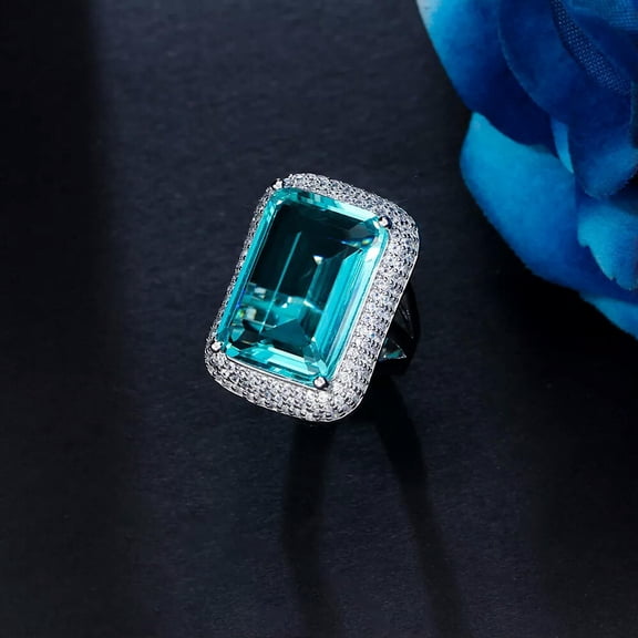 Resizable Princess Cut CZ Blue Women Big Rectangle Ring Collection Accessories