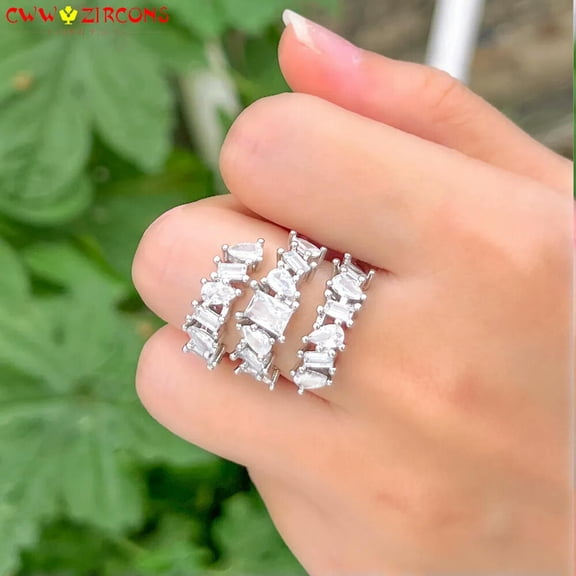 Resizable Silver Plated Cubic Zirconia Drop Square Geometric Ring for Bride Gift