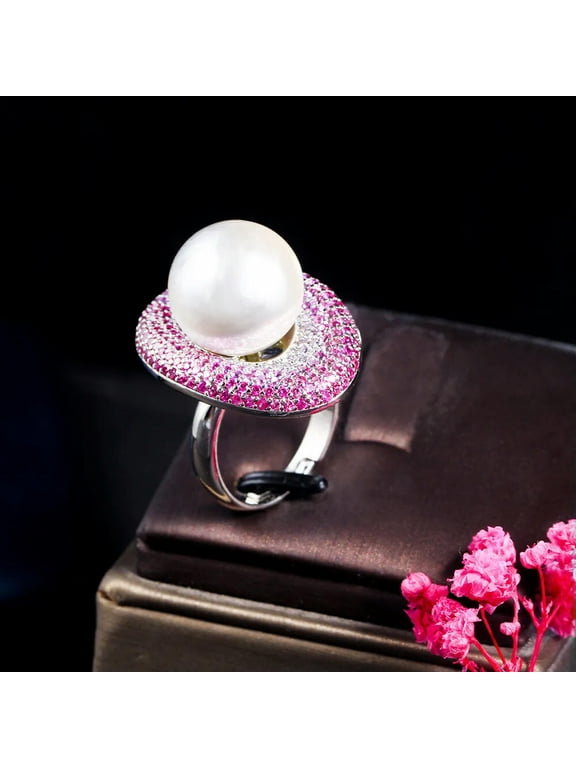 Resizable Sparkly Pink Red CZ Bright Big Oval Pearl Weddding Band Finger Ring