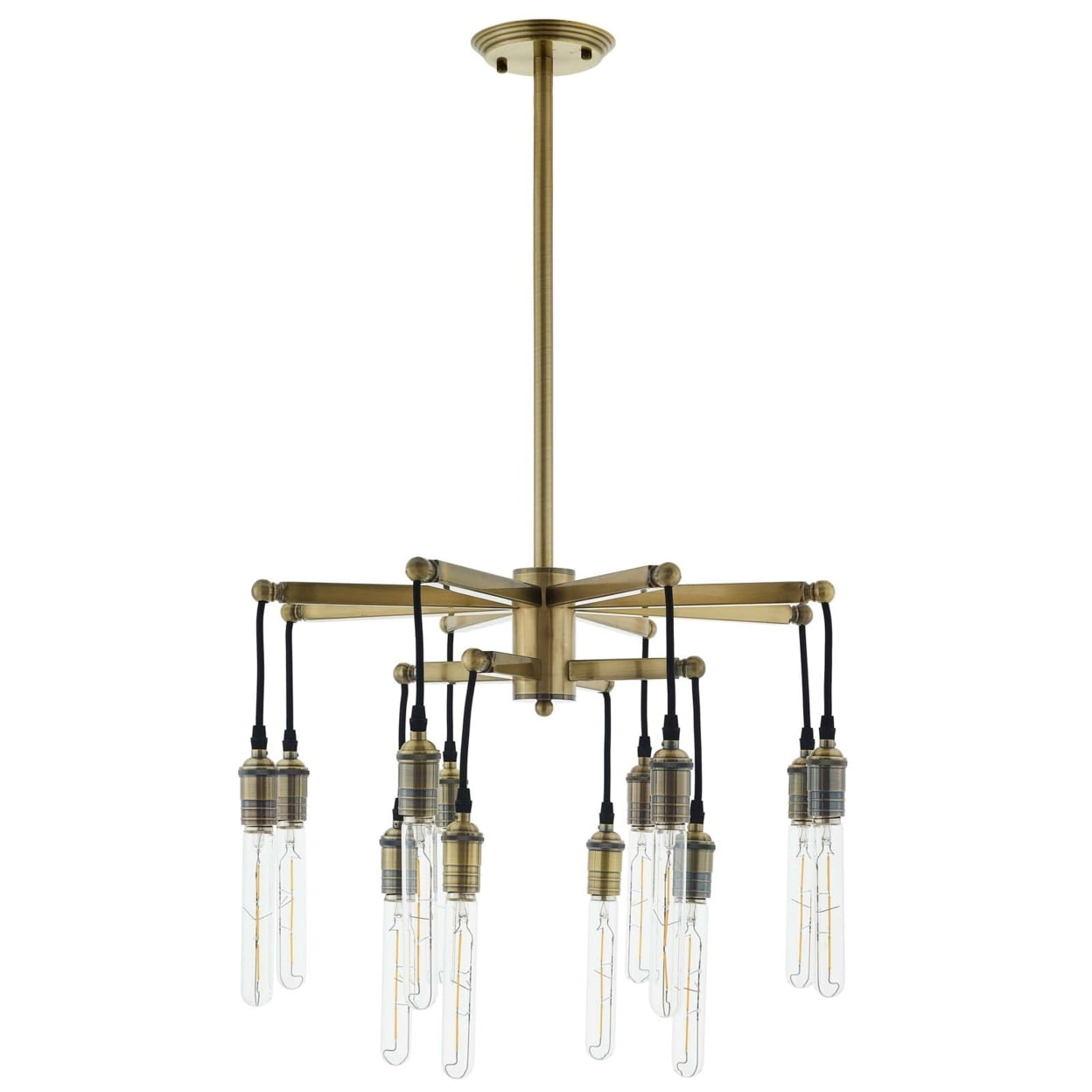 Antique Brass Industrial Pendant Chandelier with Black Rope Cords
