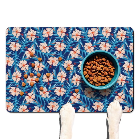 Resort Dog Bowl Mat - Non-Slip and Waterproof, 4-Layer Absorption, Perfect for Messy Eaters, Hawaiian Hibiscus Print