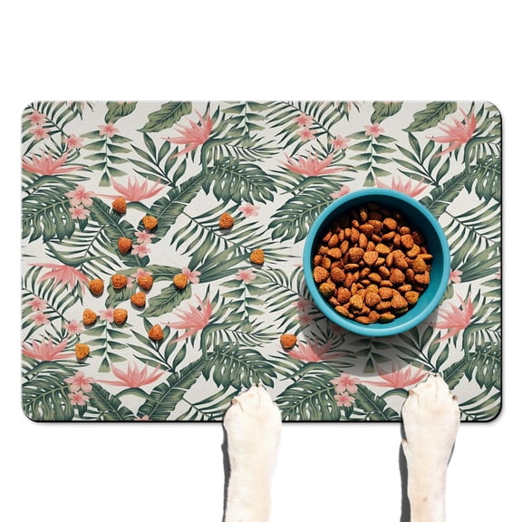 Resort Dog Bowl Mat - Non-Slip and Waterproof, 4-Layer Absorption, Perfect for Messy Eaters, Hawaiian Hibiscus Print