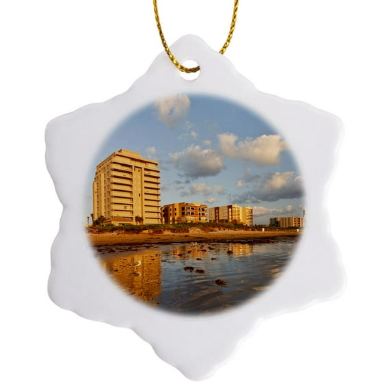 3drose, Resort Hotels, Beach, South Padre Island, Texas - Us44 Ldi0335 - Larry Ditto, 3 inch Snowflake Porcelain Ornament