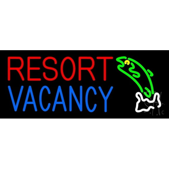 Resort Vacancy With Fish LED Neon Sign 13 x 32 - inches, Black Square Cut Acrylic Backing, with Dimmer - Bright and Premium built indoor LED Neon Sign for Defence Force.