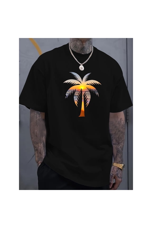 Resort Wear Alphabet Shirt - Vibrant Coconut Print Breathable Tee, Regular Fit Cotton Tops for Island Vacations & Summer Fashion