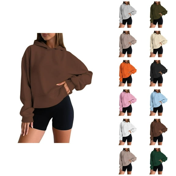 Resort Wear for Women 2025 Women's Solid Color Sweatshirt Women's Casual Hoodie Basic Pullover Sweatshirt Soft Comfortable Long Sleeve Hooded Top For Everyday Wear All Season