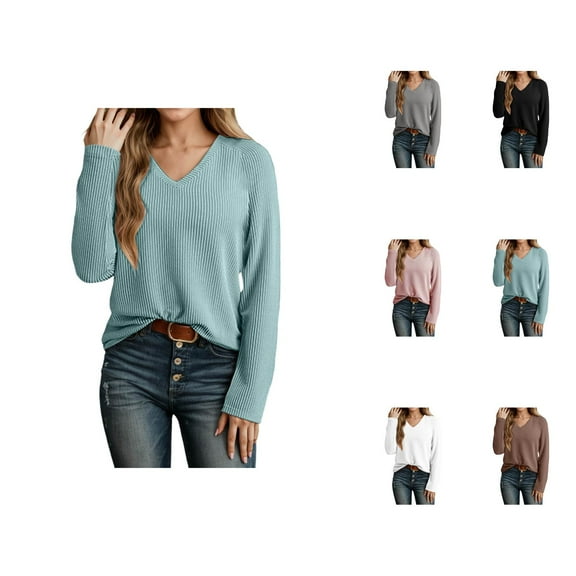 Resort Wear for Women 2025 Women's Solid Color Sweatshirt Women's Casual Long Sleeve V Neck Sweatshirt Soft Ribbed Knit Pullover Tops For Everyday Wear Comfortable Stylish Basic Shirt