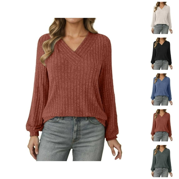 Resort Wear for Women 2025 Women's Solid Color Sweatshirt Women's European And Autumn Casual Pullover V Neck Striped Loose Long Sleeved T Shirt Top Sweater