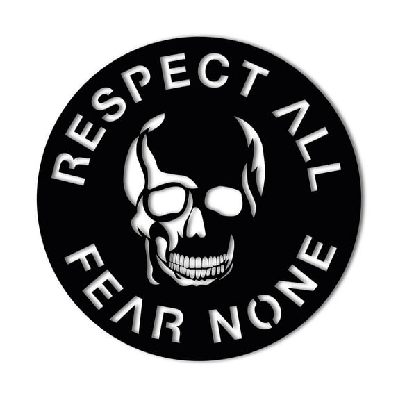 Respect All Fear None Skull Metal Wall Sign | Man Cave, Garage, or Workshop Sign for Husband and Dad | Skull and Crossbones Hanging Laser Cut Decorative Home Accent | 3 Sizes 3 Colors Made in USA