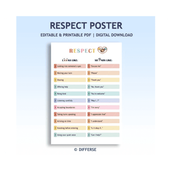 Respect Behavior Chart Classroom Manners Educational Poster Home Decor Office Wall Art