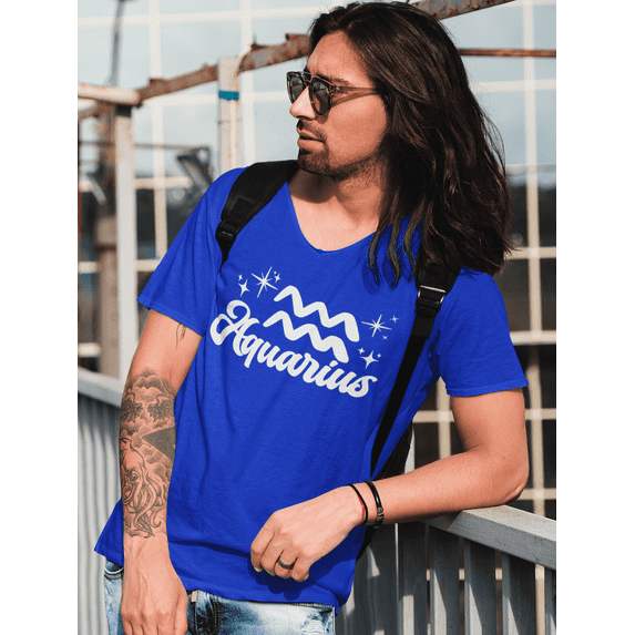 Respect My Tshirt - Aquarius Zodiac Sign Graphic T-Shirt, Astrology Symbol Design, Crew Neck, Blue, Large