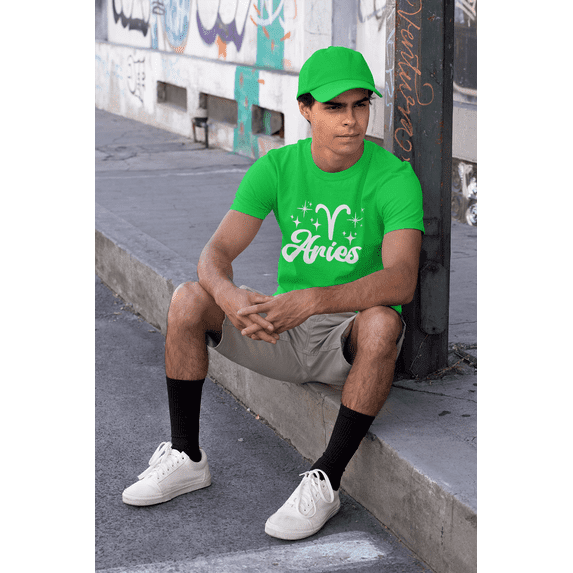 Respect My Tshirt - Aries Zodiac Sign Graphic T-Shirt, Astrology Symbol Design, Crew Neck, Green, Medium