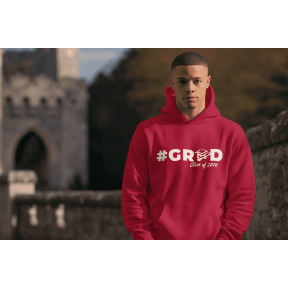 Respect My Tshirt #GRAD: Class of 2026 Graduation, Men's Streetwear Hooded Pullover Sweatshirt, White Design, Medium, Red