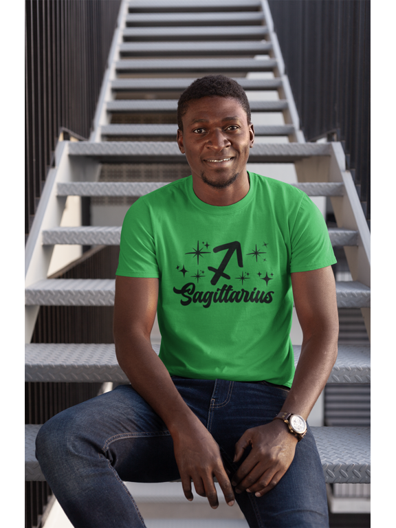 Sagittarius Zodiac Sign, Black Astrology Symbol Design, Crew Neck, Graphic T-Shirt, Green, Small
