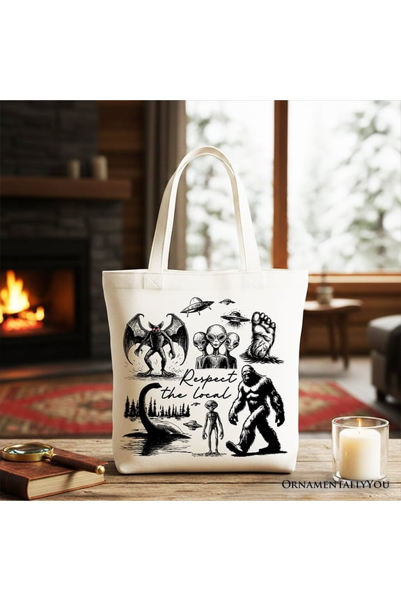 Respect The Local Cryptid Squad Canvas Canvas Tote Bag, Funny Bigfoot Alien Mothman Meme Gift Shopper