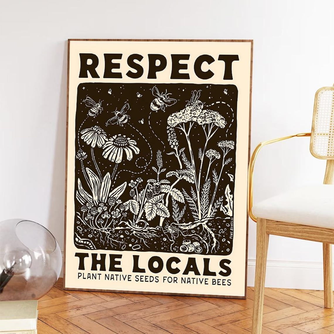 Respect The Locals Bee Poster Native Plants Pollinator Garden Art Home ...