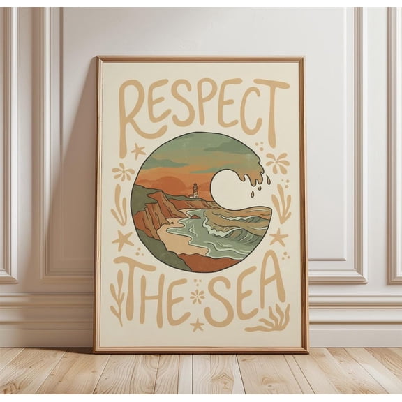 Respect The Sea Poster Coastal Surf Typography Vintage Beach Decor, Unframed Poster