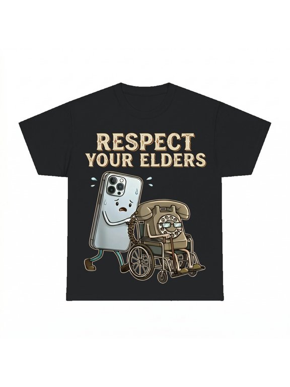 Respect Your Elders Retro Phone T-Shirt, Funny Tech Humor Tee, Black, M