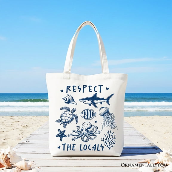 Respect the Locals Ocean Animals Canvas Tote Bag, Cute Vacation Gift Shopper