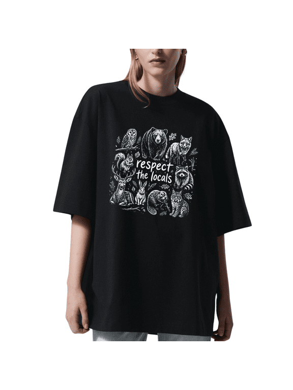 Respect the Locals T Shirt for Women, Woodland Wildlife Graphic Tee, Nature Lover Tshirt, Outdoor Animal Gift for Her