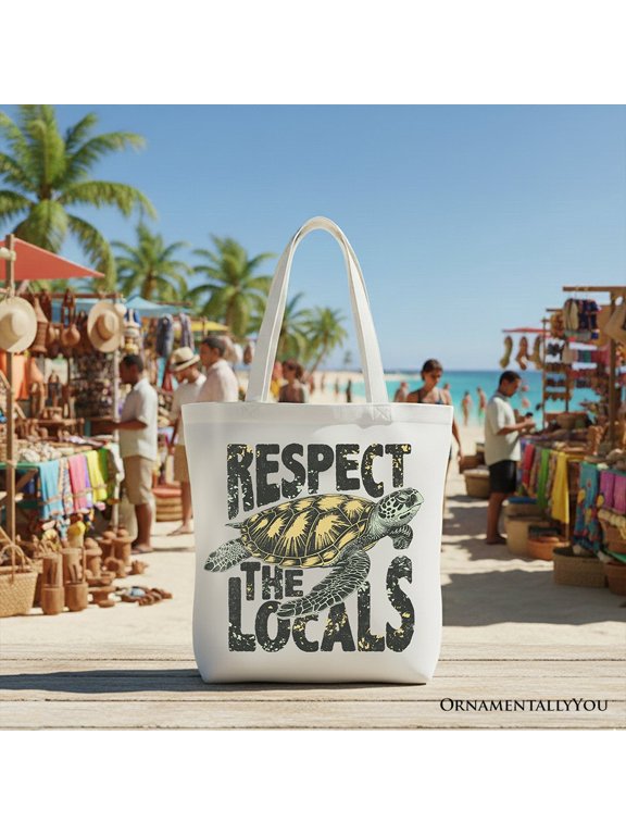 Respect the Locals Turtles Canvas Tote Bag, Retro Grunge Gift for Ocean and Beach Lovers