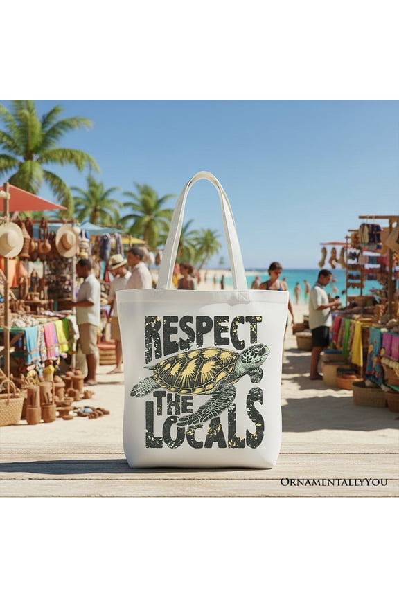 Respect the Locals Turtles Canvas Tote Bag, Retro Grunge Gift for Ocean and Beach Lovers