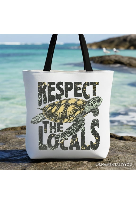 Respect the Locals Turtles Canvas Tote Bag, Retro Grunge Gift for Ocean and Beach Lovers