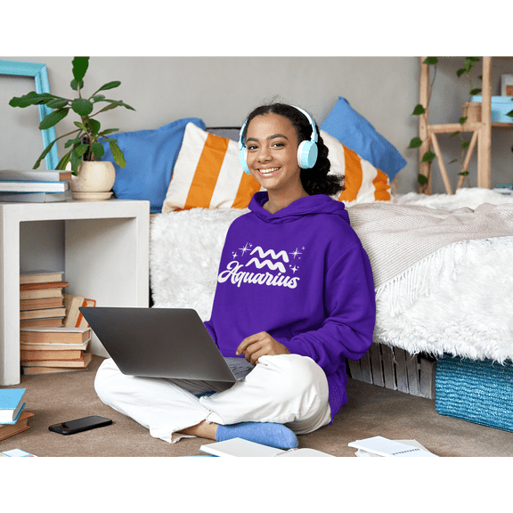 Respect My Tshirt Aquarius - Innovative and Unique Zodiac Sign Unisex Hooded Sweatshirt, Large, Purple, White Design