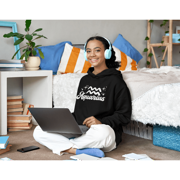 Respect My Tshirt Aquarius - Innovative and Unique Zodiac Sign Unisex Hooded Sweatshirt, Medium, Black, White Design