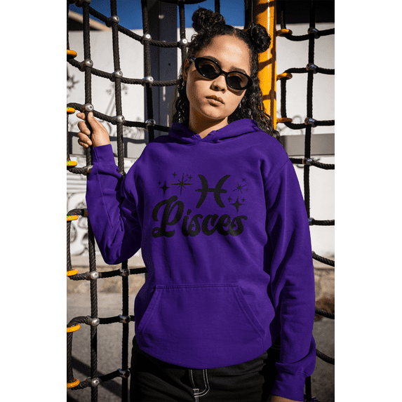 Respect My Tshirt Pisces - Dreamy and Compassionate Zodiac Sign Unisex Hooded Sweatshirt, Small, Purple, Black Design