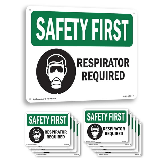 Respirator Required With Symbol OSHA SAFETY FIRST Rigid Plastic Sign 14 Inch x 10 Inch - 10 Pack