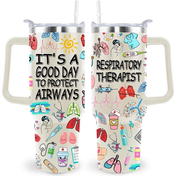 Respiratory Therapist Gift: 40 Oz Stainless Steel Vacuum Insulated Tumbler with Handle & Straw - Travel Coffee Mug, RT Week Gift for Him Her