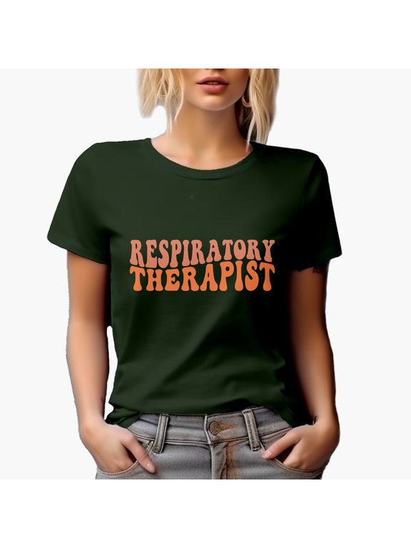 Respiratory Therapist, Therapy or Medical Profession Themed, Groovy Retro Wavy Text Merch Gift, Military Green T-Shirt, Small