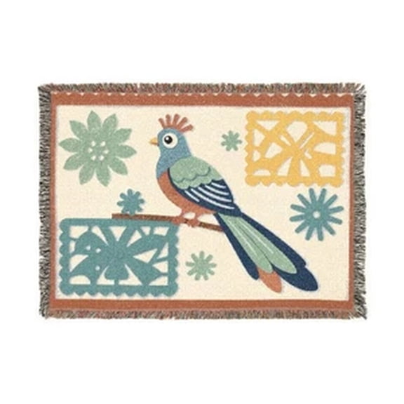 Resplendent Quetzal Bird Mexican Folk Art Woven Throw Blanket, 100% Cotton, Fringed Edges