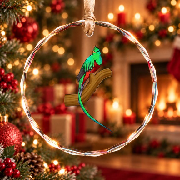 Resplendent Quetzal Sitting on a Tree Branch Christmas Holiday Ornament, Keepsake Gift, Circle Glass Ornament